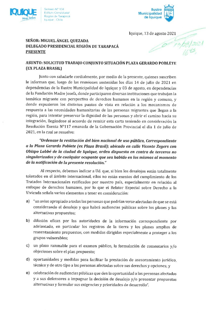 MUNICIPALIDAD DE IQUIQUE INSTA AL GOBIERNO A CUMPLIR COMPROMISO DE HABILITAR ALBERGUE HUMANITARIO PARA MIGRANTES